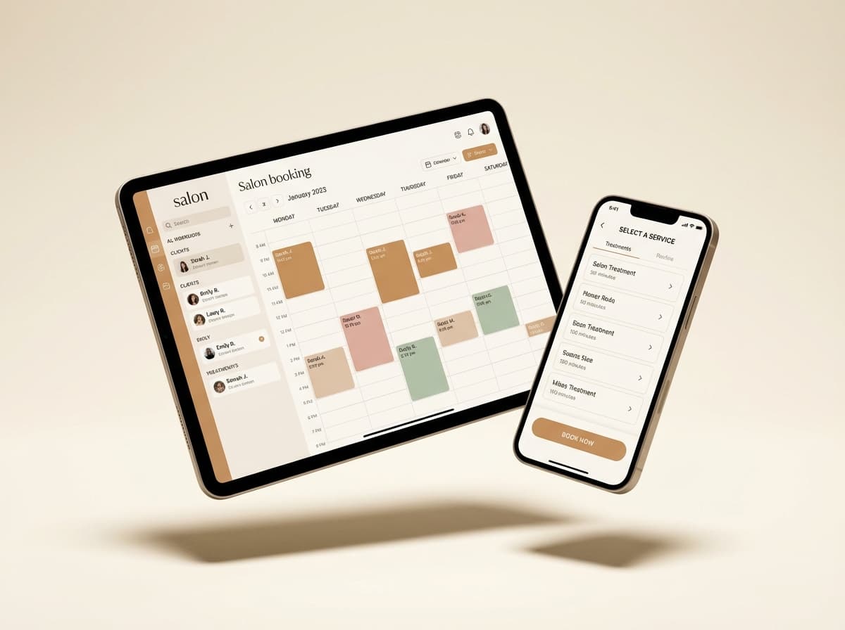 Suede salon booking dashboard on tablet and phone